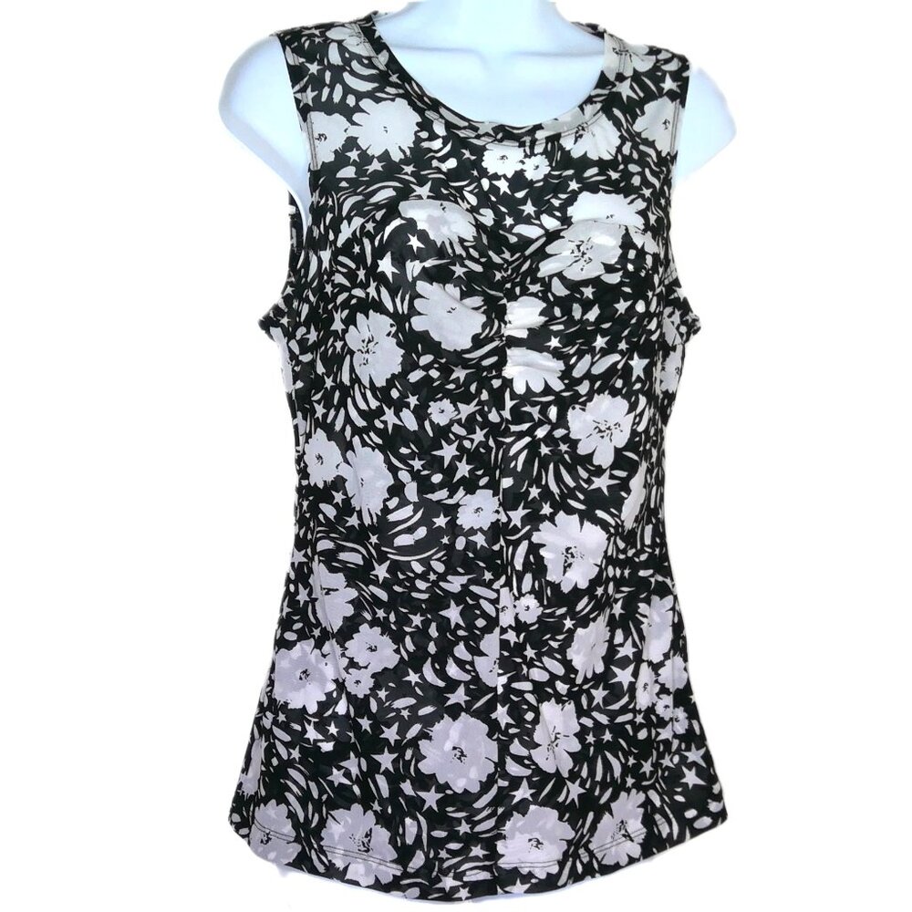 CAbi Sleeveless Mesh Top Black & White Floral Whimsy Scoop Neck Stretch EUC Sz S